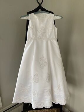 GIRLS CINDERELLA WHITE BEADED PEARLS LACE JUNIOR BRIDE COMMUNION DRESS Sz 10
